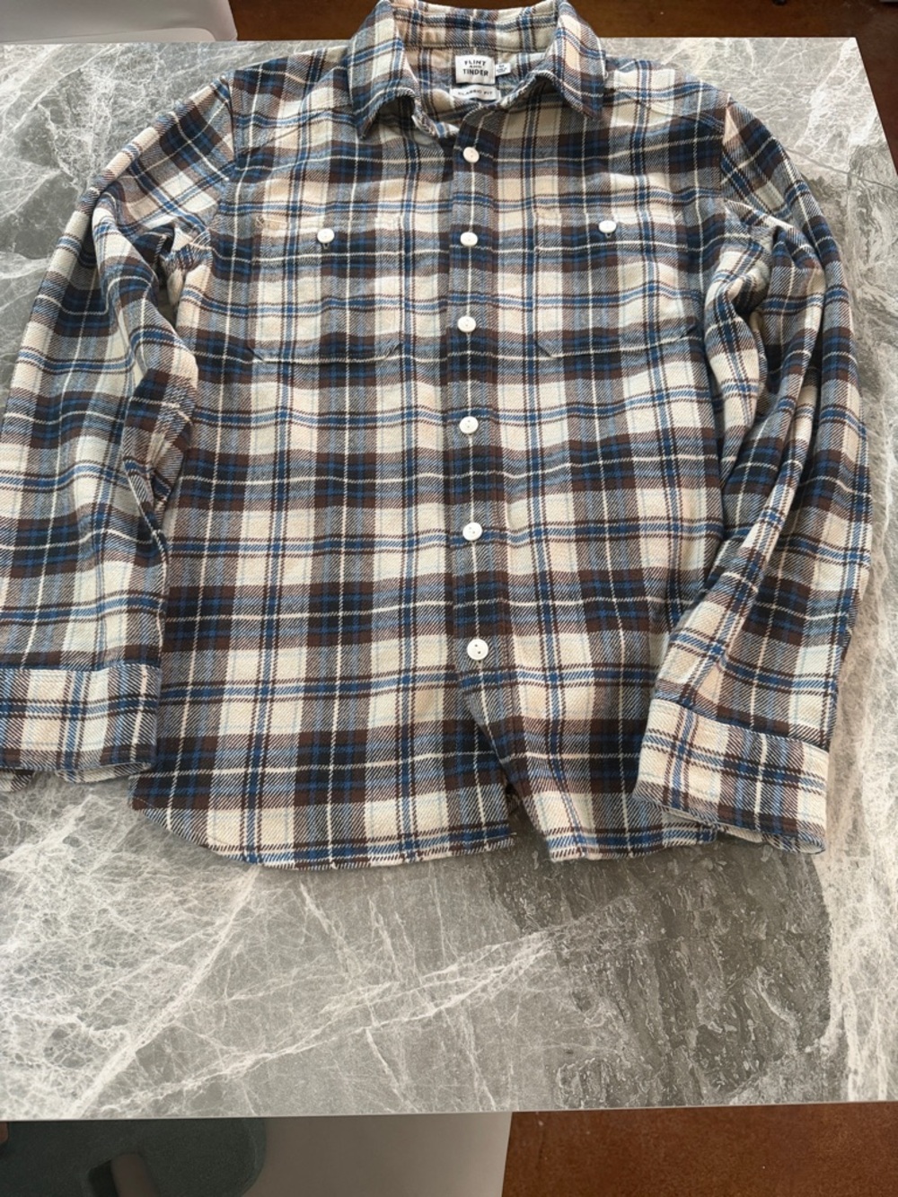 NWOT Men's Plaid Button-Down Shirt in Blue, Brown & Cream